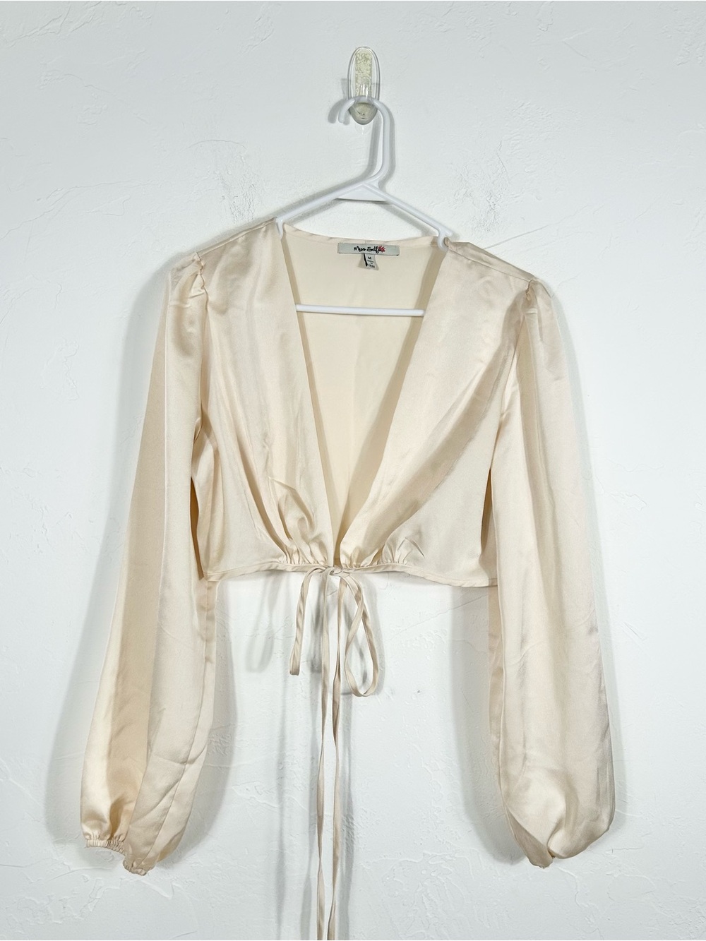 Miss Selfie Cream Satin Tie Front Long Sleeve Crop Top Size M